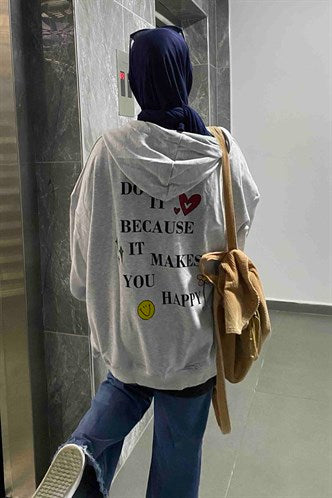 Madmext Women's Gray Hooded Back Printed Sweatshirt mg1195