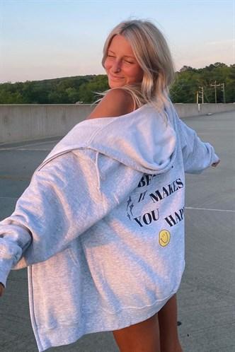 Madmext Women's Gray Hooded Back Printed Sweatshirt mg1195