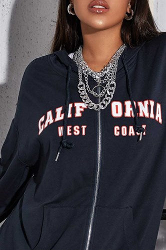 Madmext Mad Girls Navy Blue Printed Sweatshirt MG804