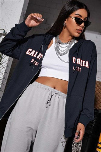 Madmext Mad Girls Navy Blue Printed Sweatshirt MG804