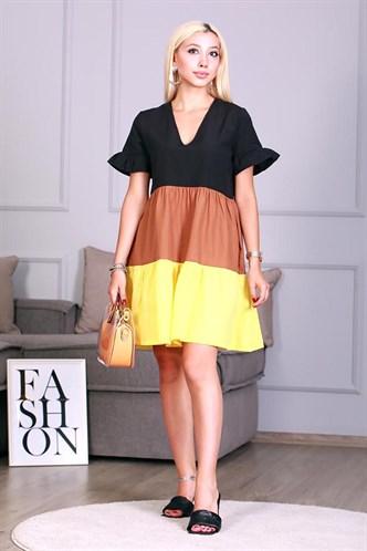 Madmext Women's Yellow Three-Tone V-Neck Mini Dress MG636