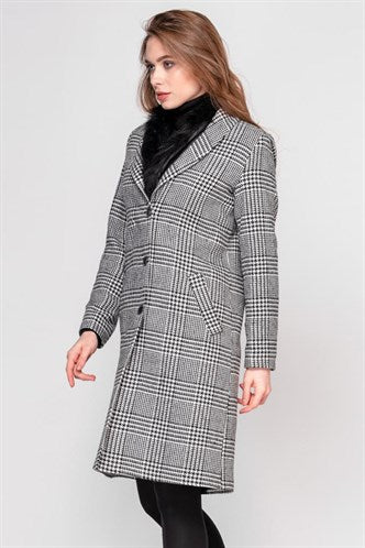 Madmext  Women Black Plaid Long Fur Coat MG1182