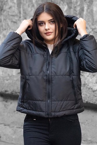 Madmext  Black Hooded Zip-Down Women Jacket MG712