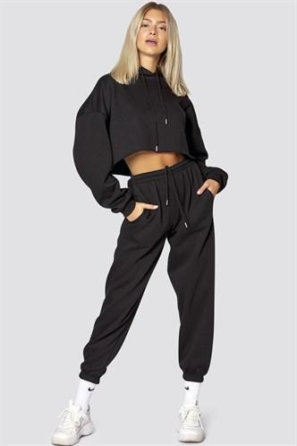 Madmext Women's Black Hooded Women Tracksuit Set MG467