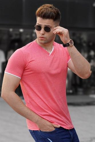 Madmext Basic V-Neck Fuchsia T-Shirt 5278