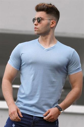 Madmext Basic V-Neck Blue T-Shirt 5278