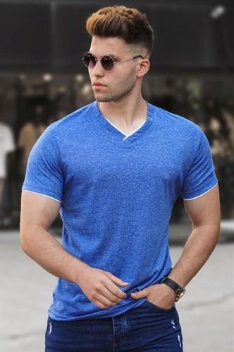 Madmext Basic V-Neck Sax T-Shirt 5278