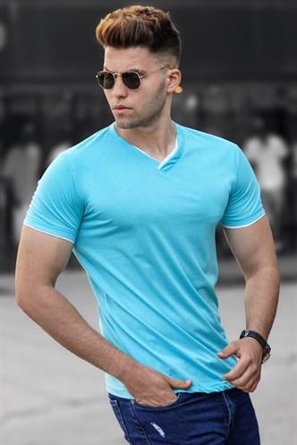 Madmext Basic V-Neck Turquoise T-Shirt 5278