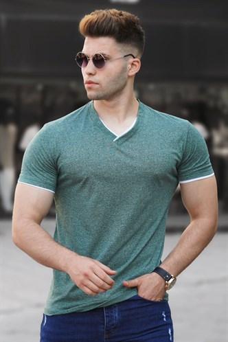 Madmext Basic V-Neck Green T-Shirt 5278