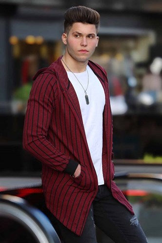 Madmext Men's Striped Hooded Claret Red Cardigan 4128