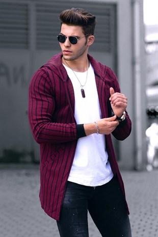 Madmext Men's Striped Hooded Claret Red Cardigan 4128