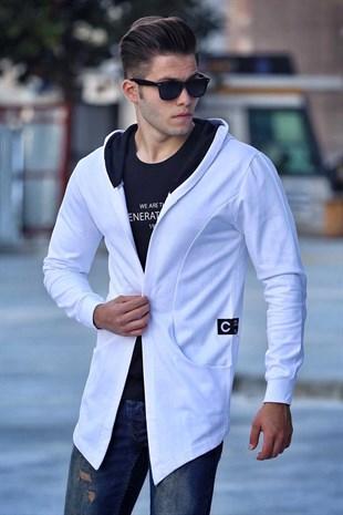 Madmext Men's Hooded Long White Cardigan 2189