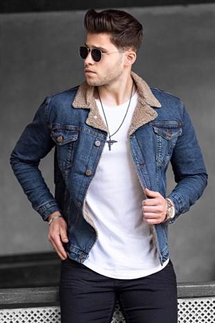 Madmext Shearling Navy Blue Men's Jean Jacket 9055