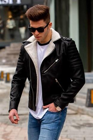 Madmext Black Shearling Men's Leather Jacket 9067
