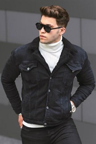 Madmext Black Shearling Men's Jean Jacket 9316-3