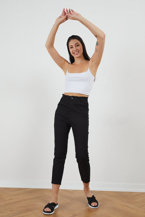 TonnyBlack Black Women Linen Bagi Waist Elastic Trousers TBG024-1_101