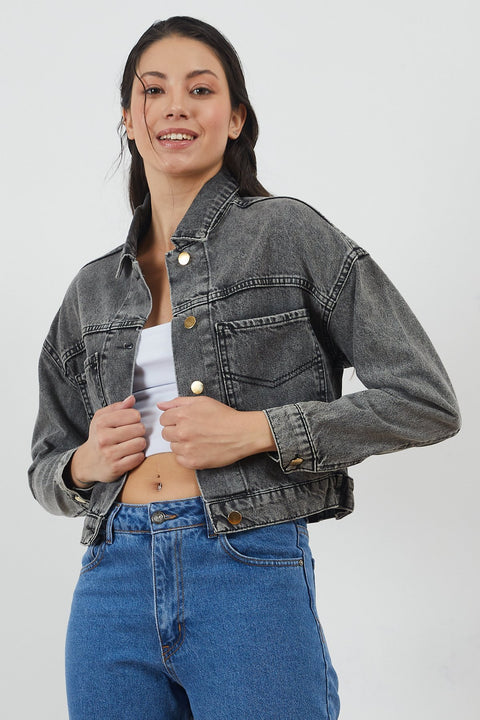 TonnyBlack Gray Women's Back Button Detailed Denim Jacket TBG031-1_101