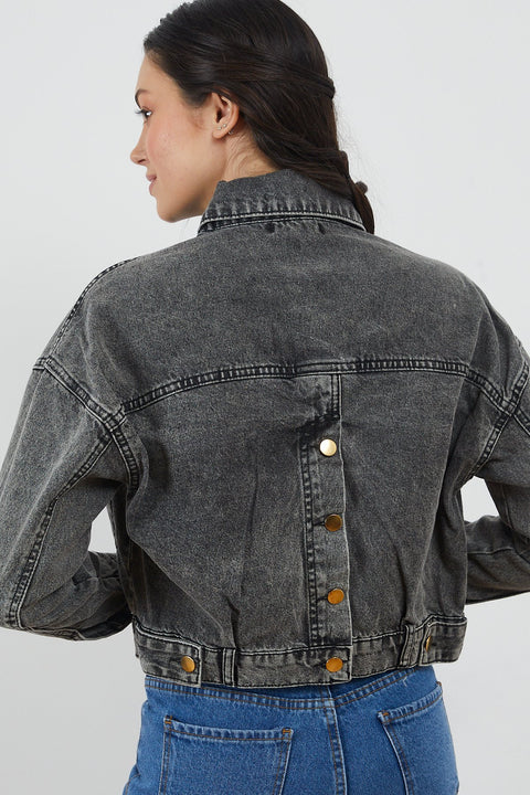 TonnyBlack Gray Women's Back Button Detailed Denim Jacket TBG031-1_101