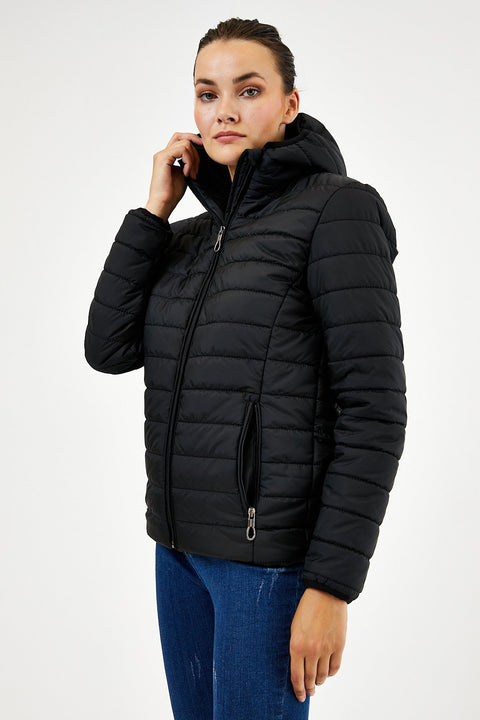 TonnyBlack Black Women Slim Fit Quilted Lined Waterproof Inflatable Coat