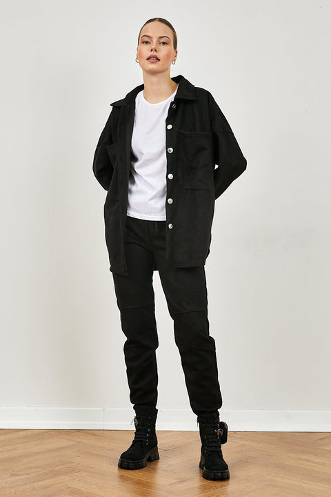 TonnyBlack Black Women's Oversize Suede Shirt and Sweatpants Set
