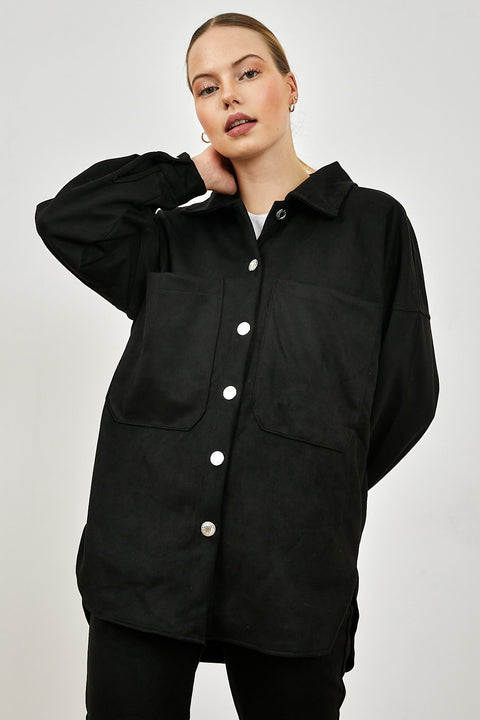 TonnyBlack Black Women's Oversize Suede Shirt and Sweatpants Set