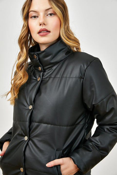 TonnyBlack Black Women's Buttoned Wide Cut Inflatable Faux Leather Jacket TBG081-1_101