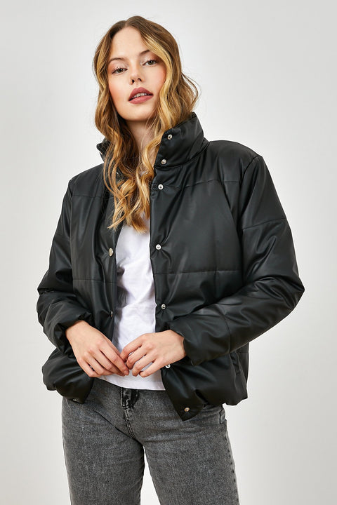 TonnyBlack Black Women's Buttoned Wide Cut Inflatable Faux Leather Jacket TBG081-1_101