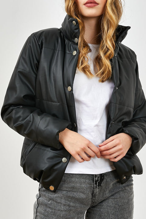 TonnyBlack Black Women's Buttoned Wide Cut Inflatable Faux Leather Jacket TBG081-1_101