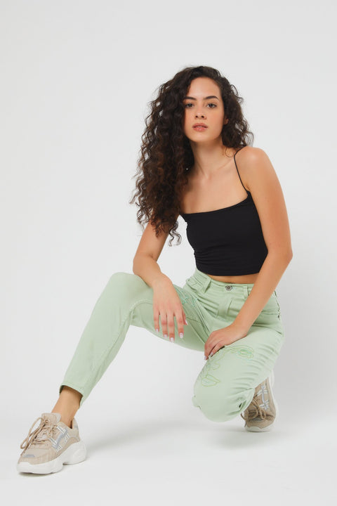 TonnyBlack Water Green Women Patterned Linen Trousers TBG043-1_142
