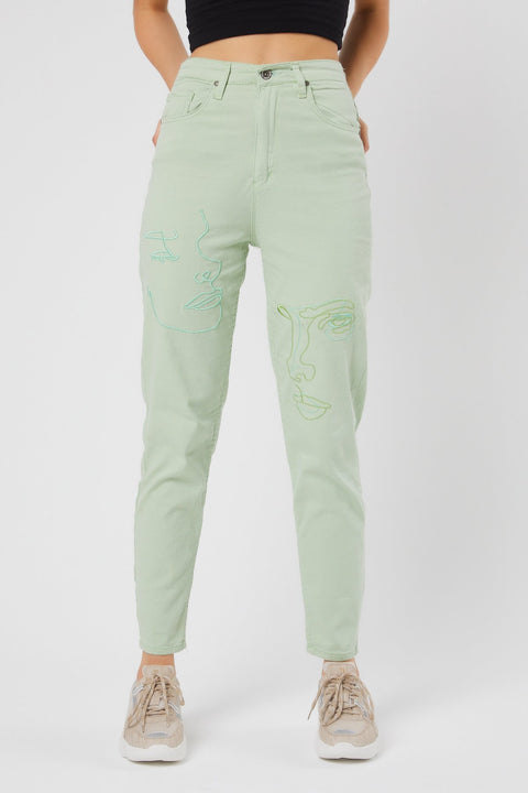TonnyBlack Water Green Women Patterned Linen Trousers TBG043-1_142