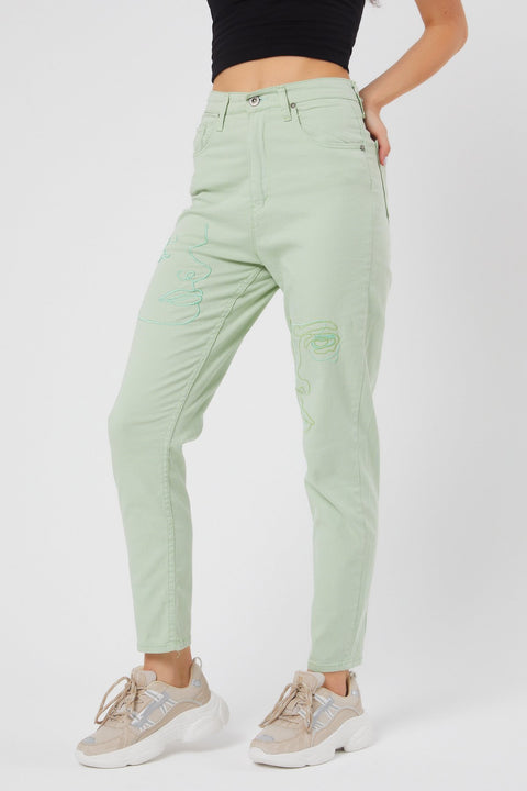 TonnyBlack Water Green Women Patterned Linen Trousers TBG043-1_142
