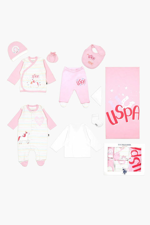 Us Polo Assn Cream Pink Baby Girl Striped Bodysuit Set of 10