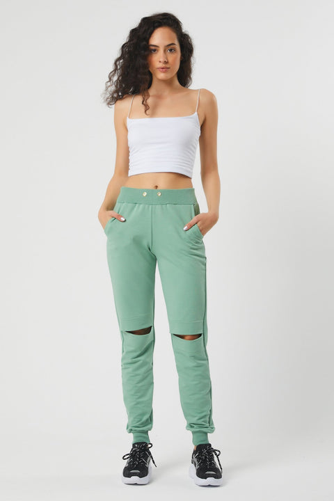 TonnyBlack Green Women's Knee Pieced Waist Leg Elastic Sweatpants TBG051-1_147