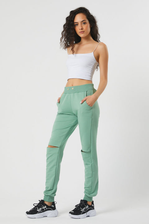 TonnyBlack Green Women's Knee Pieced Waist Leg Elastic Sweatpants TBG051-1_147