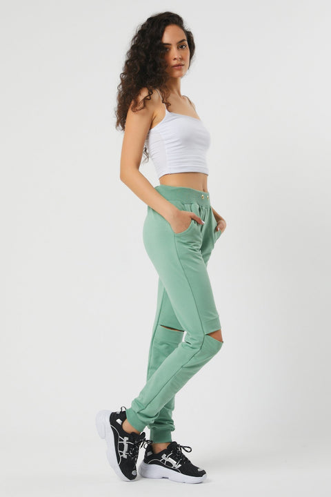TonnyBlack Green Women's Knee Pieced Waist Leg Elastic Sweatpants TBG051-1_147