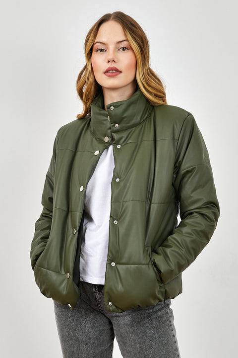TonnyBlack Green Women's Buttoned Wide Cut Inflatable Faux Leather Jacket TBG081-1_147