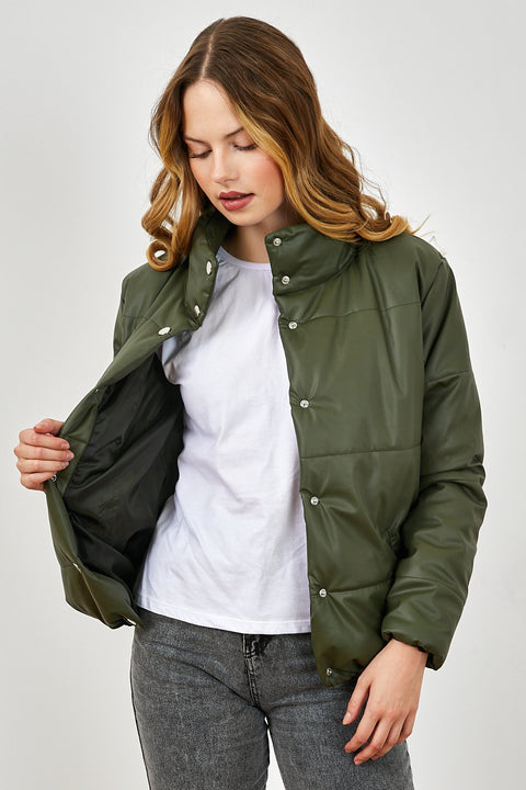 TonnyBlack Green Women's Buttoned Wide Cut Inflatable Faux Leather Jacket TBG081-1_147