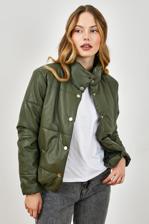 TonnyBlack Green Women's Buttoned Wide Cut Inflatable Faux Leather Jacket TBG081-1_147